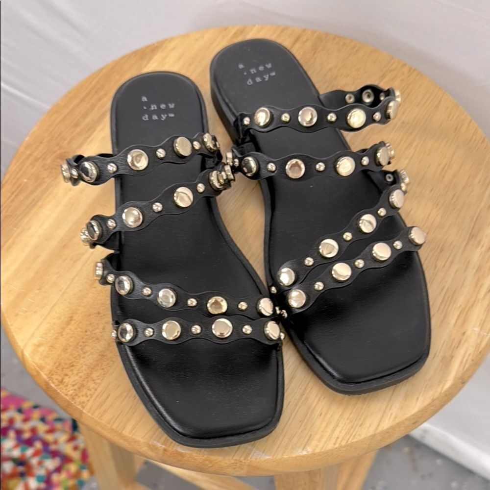 A New Day Black, gold Embellished Sandals size 7.5- like new- perfect condition!